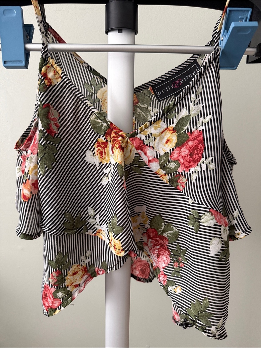 Polly & Esther Black White Striped Floral Ruffle Camisole